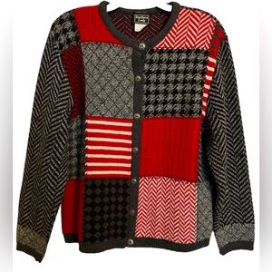 Vintage Southern Lady Cardigan Womens Large Acrylic Red Black Mixed Pattern USA